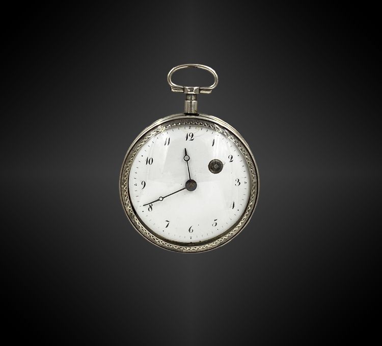 Silberne Taschenuhr mit Vogelhahn, signiert SACRE à PARIS. Frankreich Anfang 19. Jahrhundert
