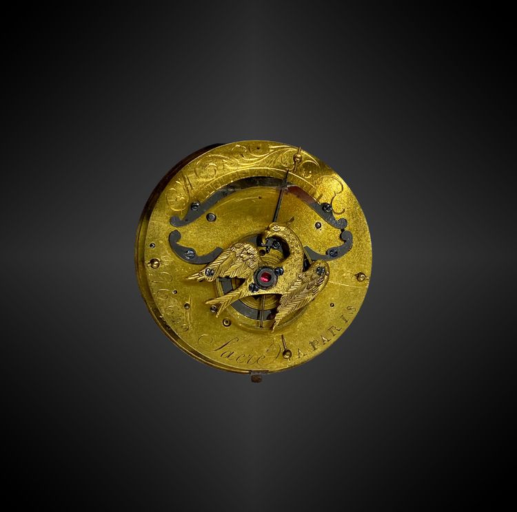 Silberne Taschenuhr mit Vogelhahn, signiert SACRE à PARIS. Frankreich Anfang 19. Jahrhundert