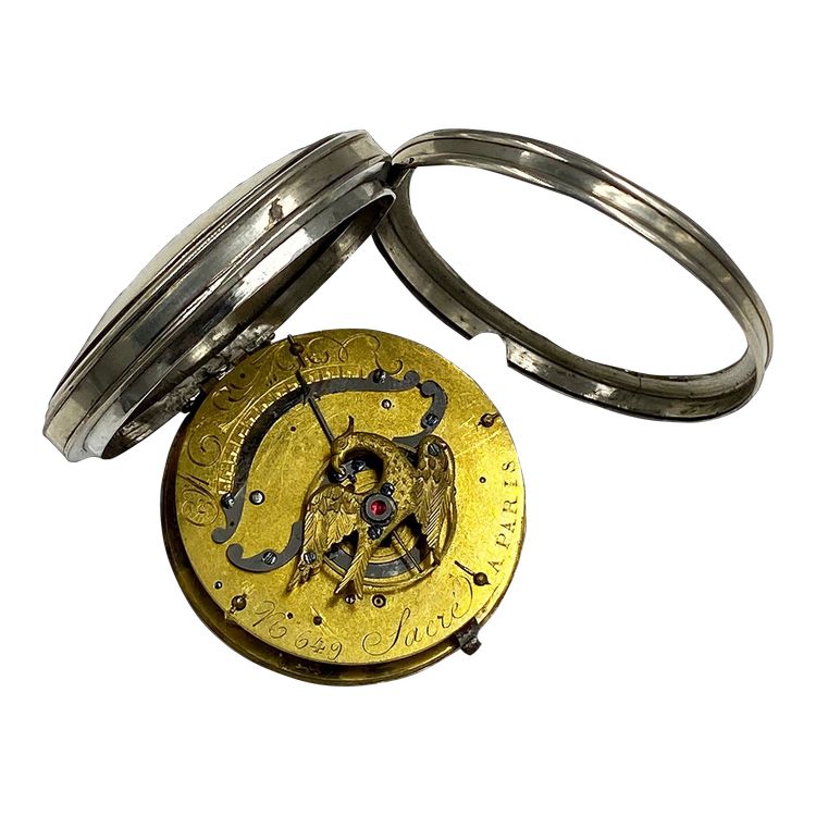 Silberne Taschenuhr mit Vogelhahn, signiert SACRE à PARIS. Frankreich Anfang 19. Jahrhundert