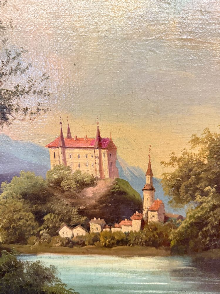 Ancienne peinture à l'huile sur toile de l'école autrichienne du 19ème siècle, 67x78cm, avec paysage et château.