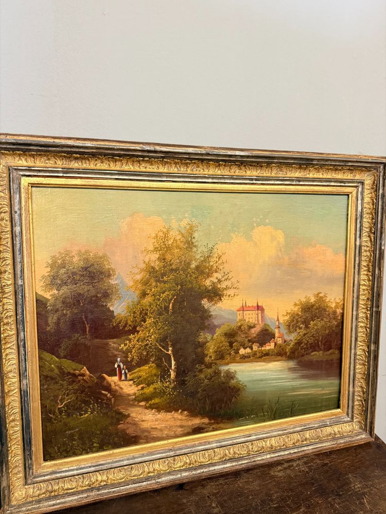 Ancienne peinture à l'huile sur toile de l'école autrichienne du 19ème siècle, 67x78cm, avec paysage et château.