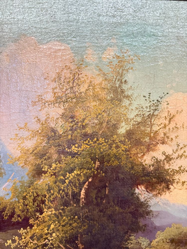 Ancienne peinture à l'huile sur toile de l'école autrichienne du 19ème siècle, 67x78cm, avec paysage et château.