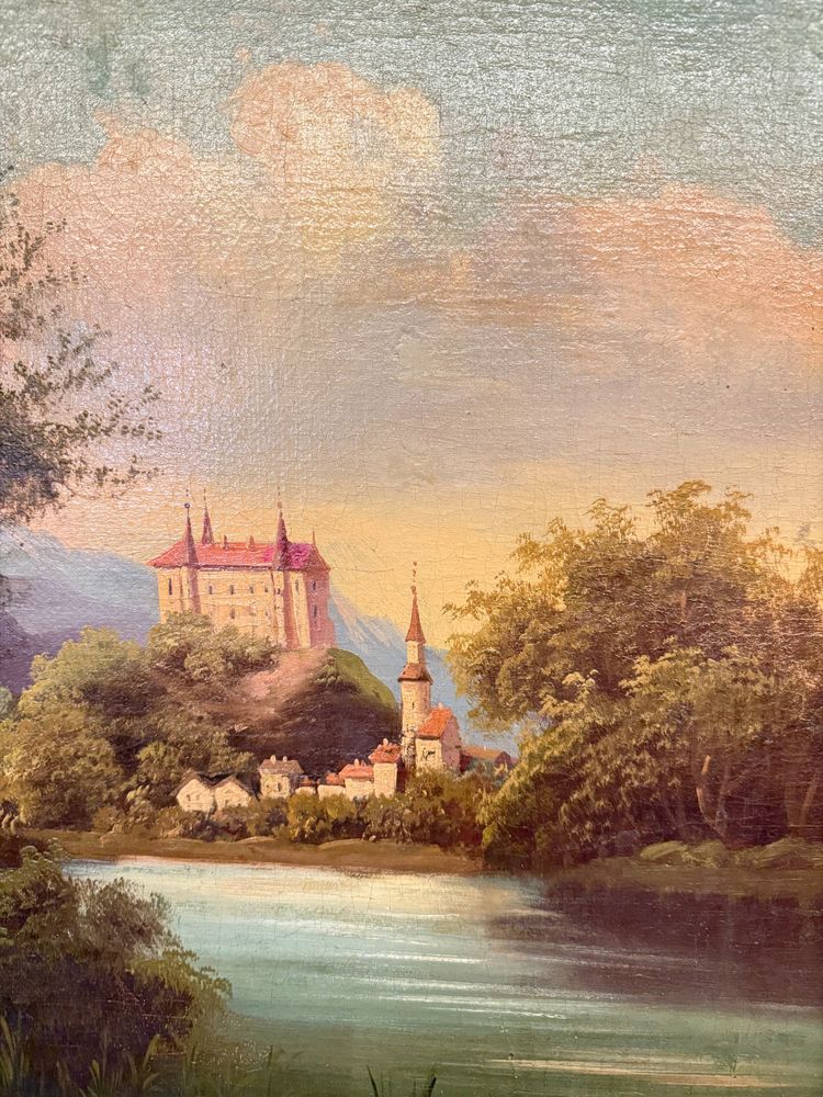 Ancienne peinture à l'huile sur toile de l'école autrichienne du 19ème siècle, 67x78cm, avec paysage et château.