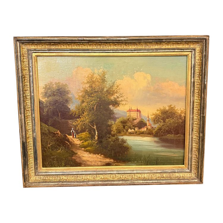 Ancienne peinture à l'huile sur toile de l'école autrichienne du 19ème siècle, 67x78cm, avec paysage et château.