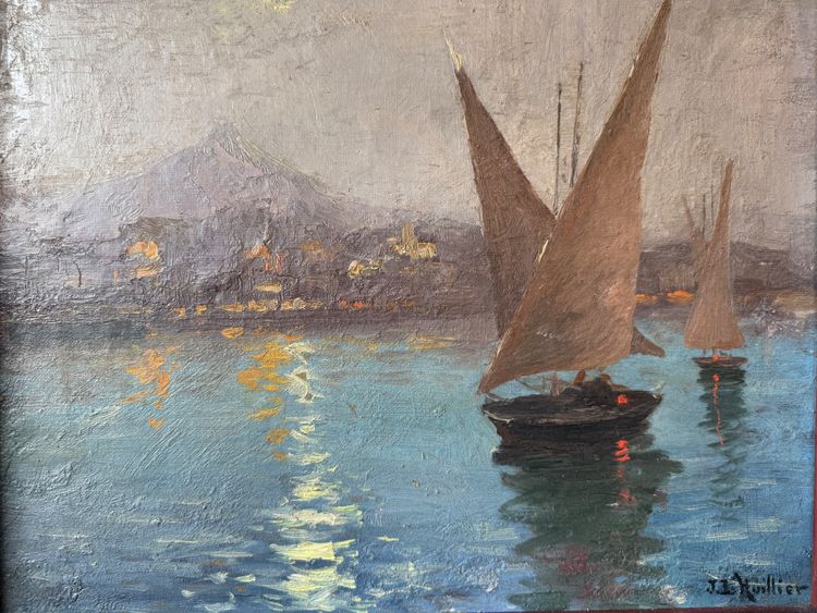 Early 20th century Italian coastal landscape, Antique marine signed