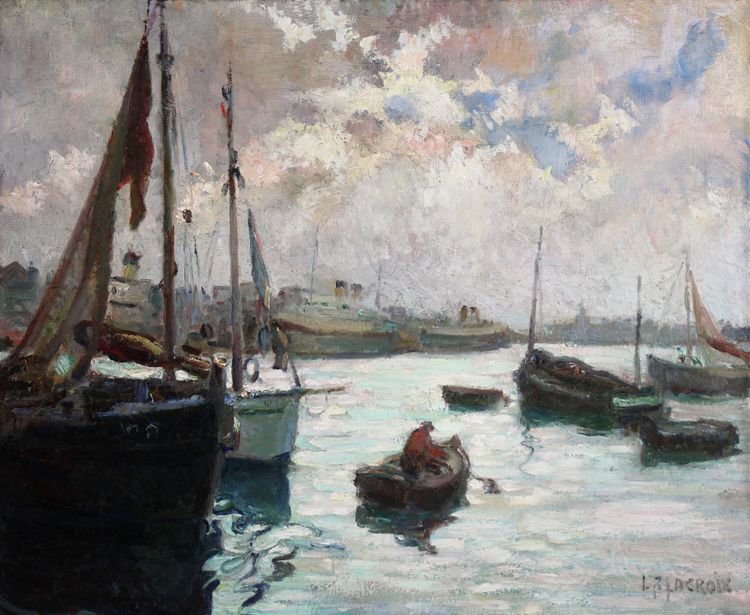 French oil painting on canvas " Vibrant harbor scene in Dieppe "