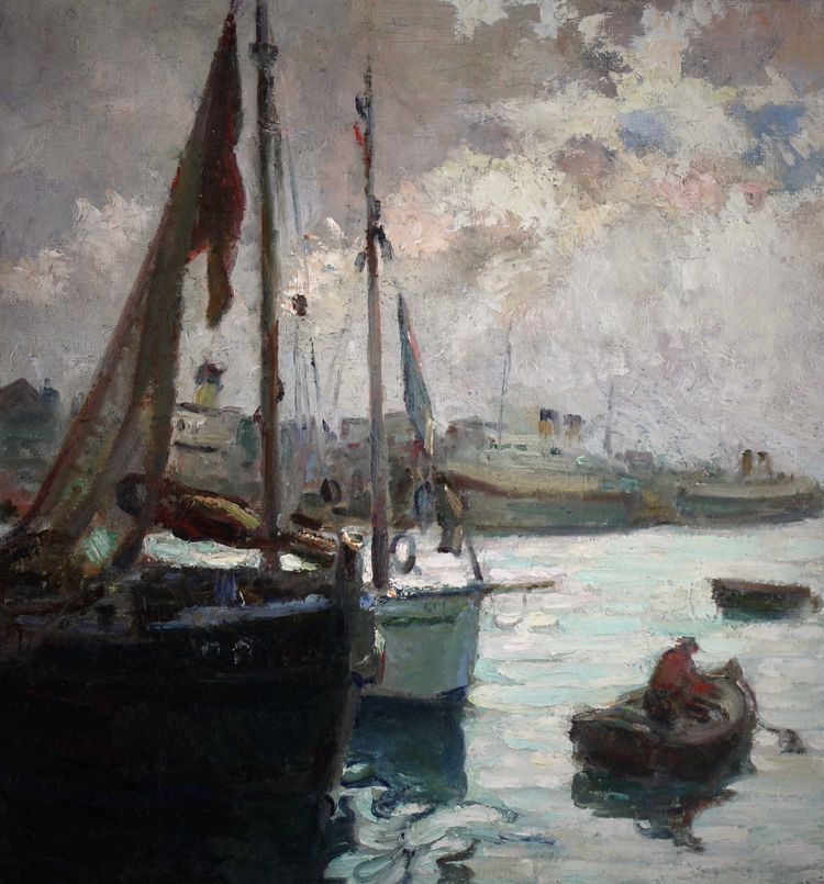 French oil painting on canvas " Vibrant harbor scene in Dieppe "