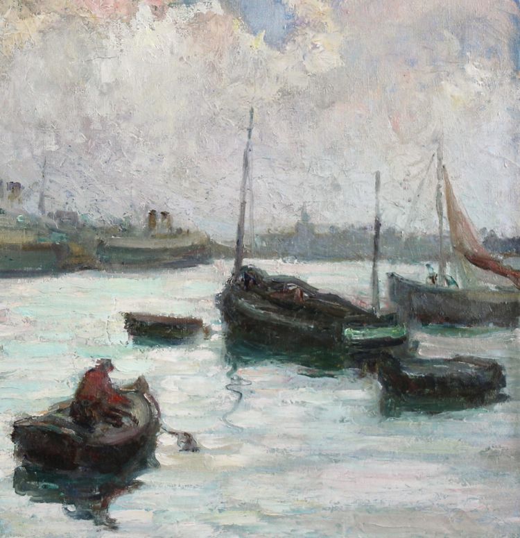 French oil painting on canvas " Vibrant harbor scene in Dieppe "