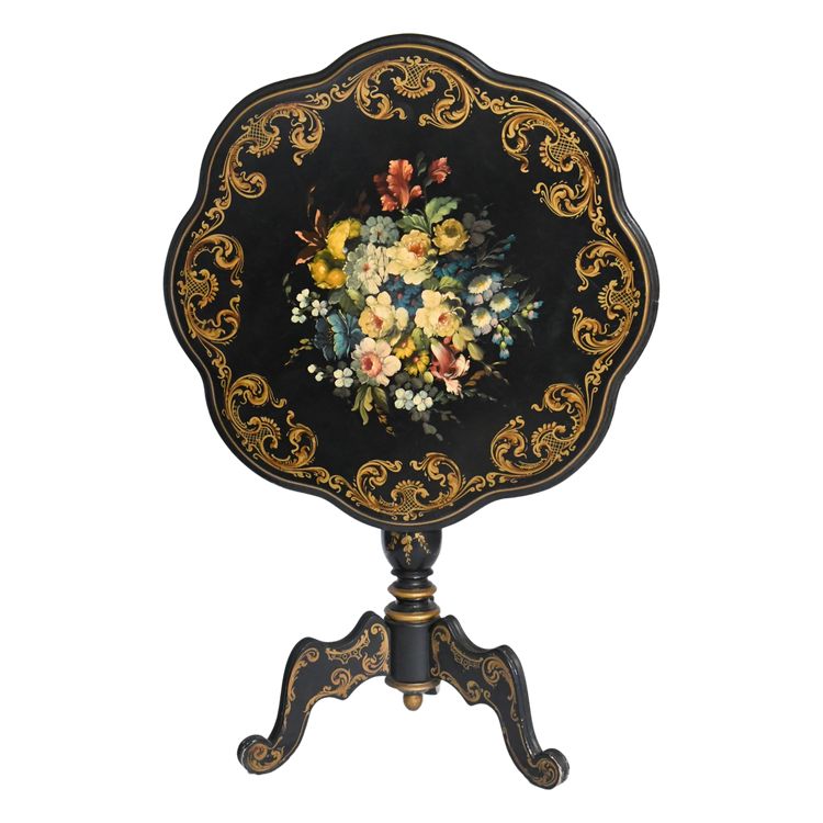 Guéridon d'époque Napoléon III en bois noirci à décor peint d'un bouquet de fleurs