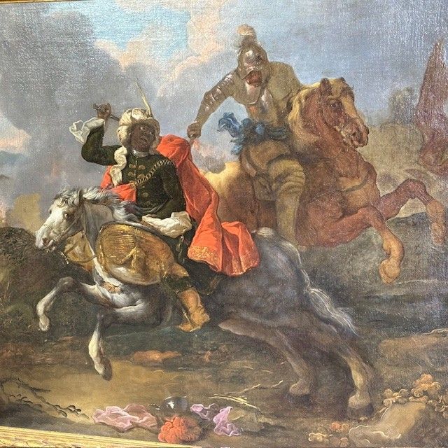 Huile sur toile de Jacques Courtois, « Bourguignonne », Combat d'un chevalier et d'un tambour. XVIIe