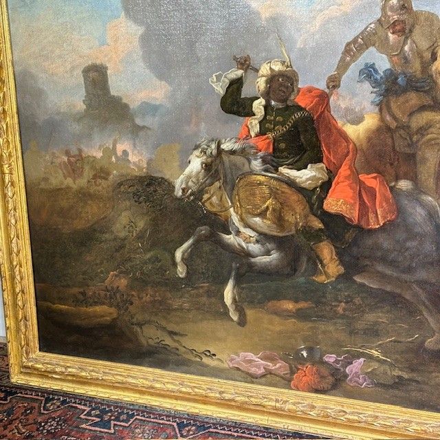 Huile sur toile de Jacques Courtois, « Bourguignonne », Combat d'un chevalier et d'un tambour. XVIIe