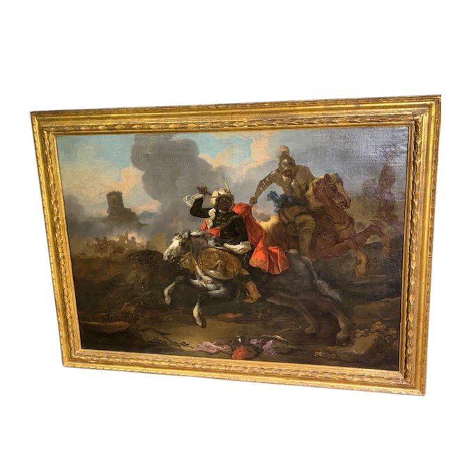 Huile sur toile de Jacques Courtois, « Bourguignonne », Combat d'un chevalier et d'un tambour. XVIIe