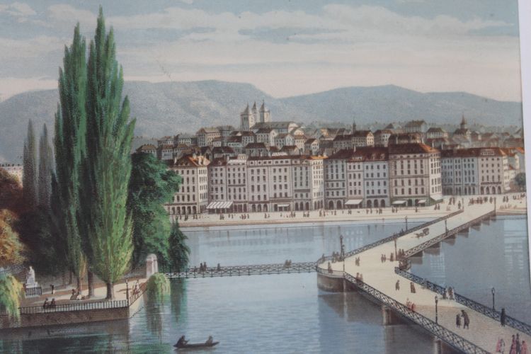 Paire de gravures gouachées vues de Suisse : Genève et Vevey époque 19ème encadrées 