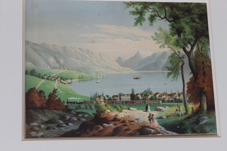Paire de gravures gouachées vues de Suisse : Genève et Vevey époque 19ème encadrées 