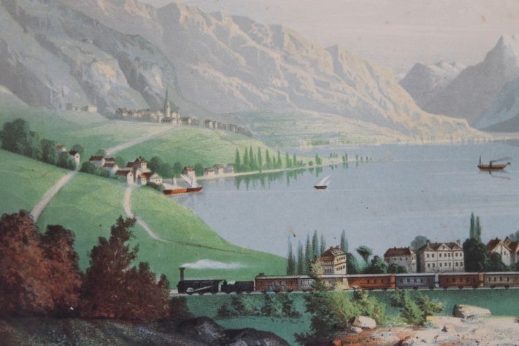 Paire de gravures gouachées vues de Suisse : Genève et Vevey époque 19ème encadrées 