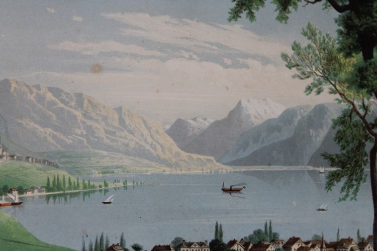 Paire de gravures gouachées vues de Suisse : Genève et Vevey époque 19ème encadrées 