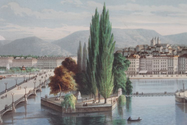 Paire de gravures gouachées vues de Suisse : Genève et Vevey époque 19ème encadrées 