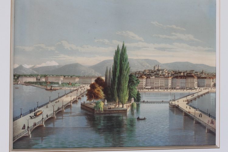 Paire de gravures gouachées vues de Suisse : Genève et Vevey époque 19ème encadrées 