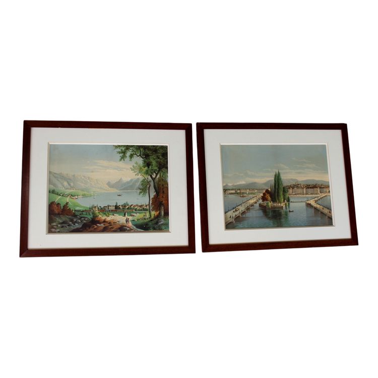 Paire de gravures gouachées vues de Suisse : Genève et Vevey époque 19ème encadrées 