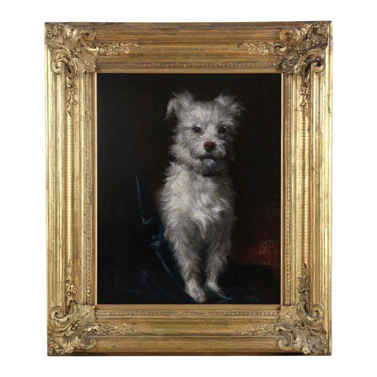 Peinture à l'huile sur toile " Petit chien blanc " datée de 1881