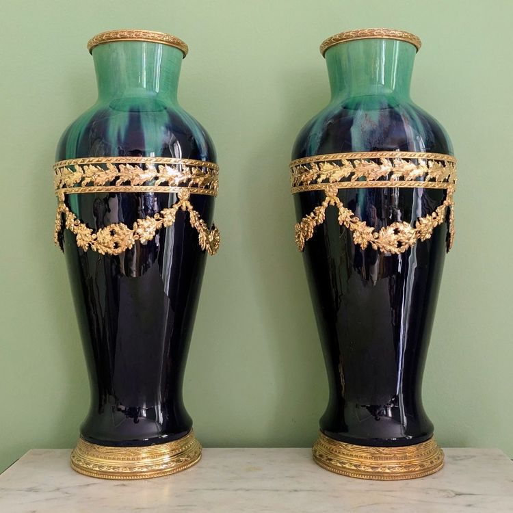 Paul Millet à Sèvres, vers 1920 - grande paire de vases montés - faïence glaçurée