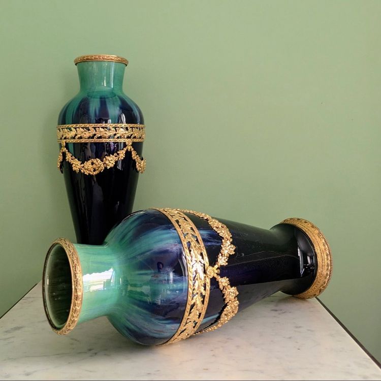 Paul Millet à Sèvres, vers 1920 - grande paire de vases montés - faïence glaçurée