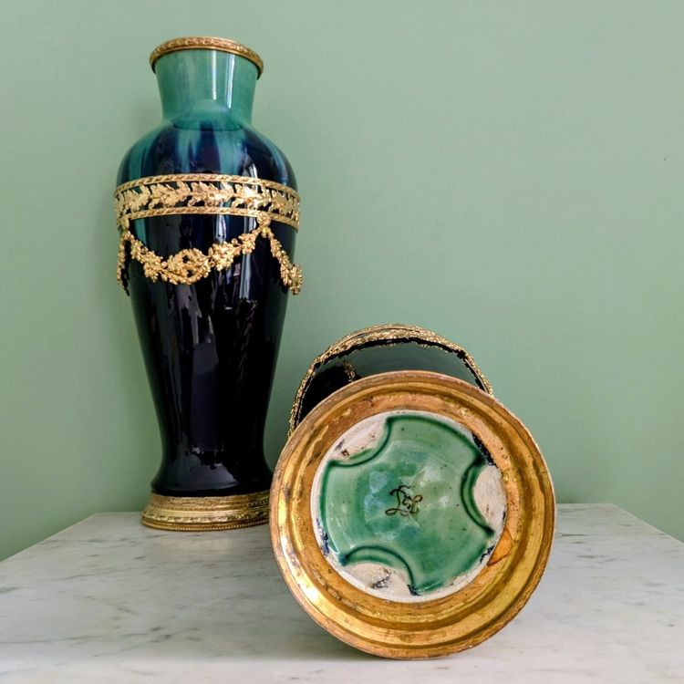 Paul Millet à Sèvres, vers 1920 - grande paire de vases montés - faïence glaçurée