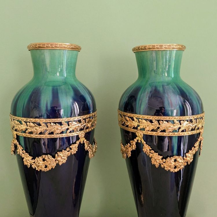 Paul Millet à Sèvres, vers 1920 - grande paire de vases montés - faïence glaçurée