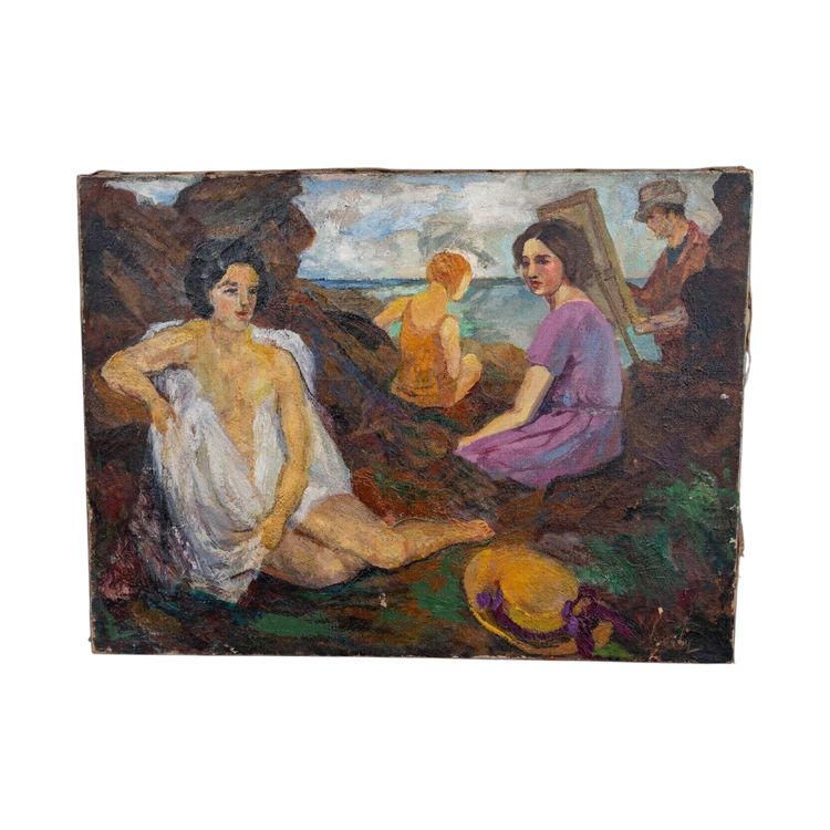 Oil on canvas beach scene easel painter