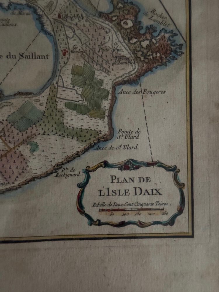 Color engraving under glass map of Isle Daix 18th century