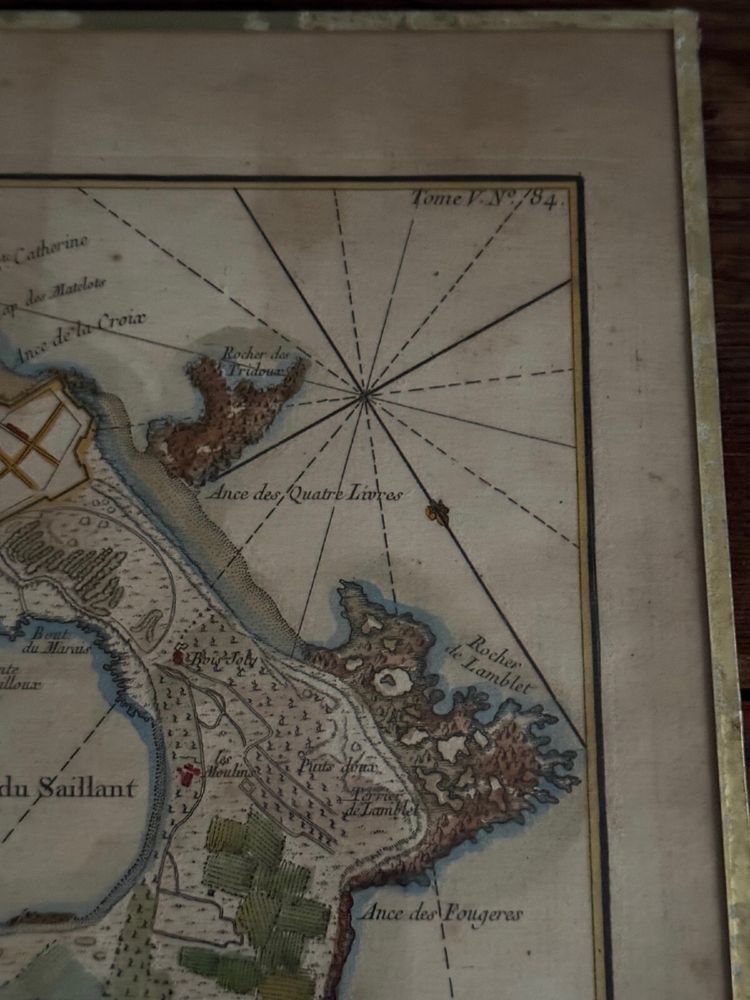 Color engraving under glass map of Isle Daix 18th century