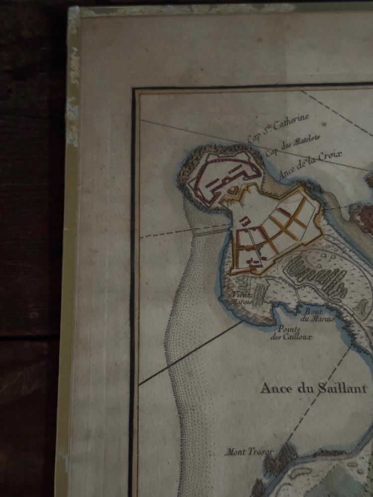 Color engraving under glass map of Isle Daix 18th century