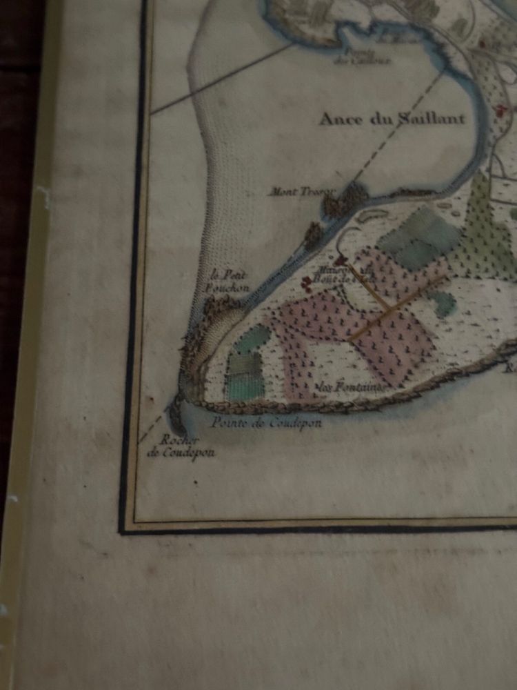 Color engraving under glass map of Isle Daix 18th century