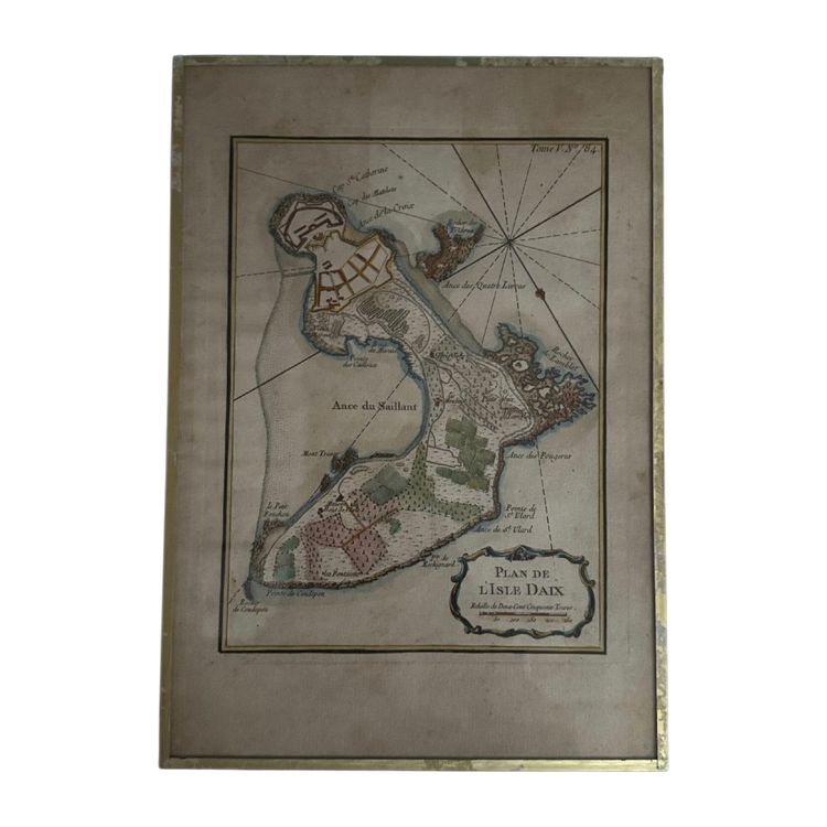 Color engraving under glass map of Isle Daix 18th century