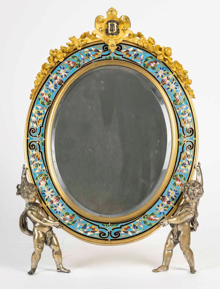 Specchio in bronzo dorato e smalto cloisonné, XIX secolo