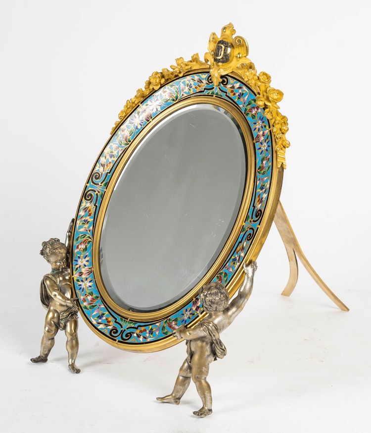 Specchio in bronzo dorato e smalto cloisonné, XIX secolo