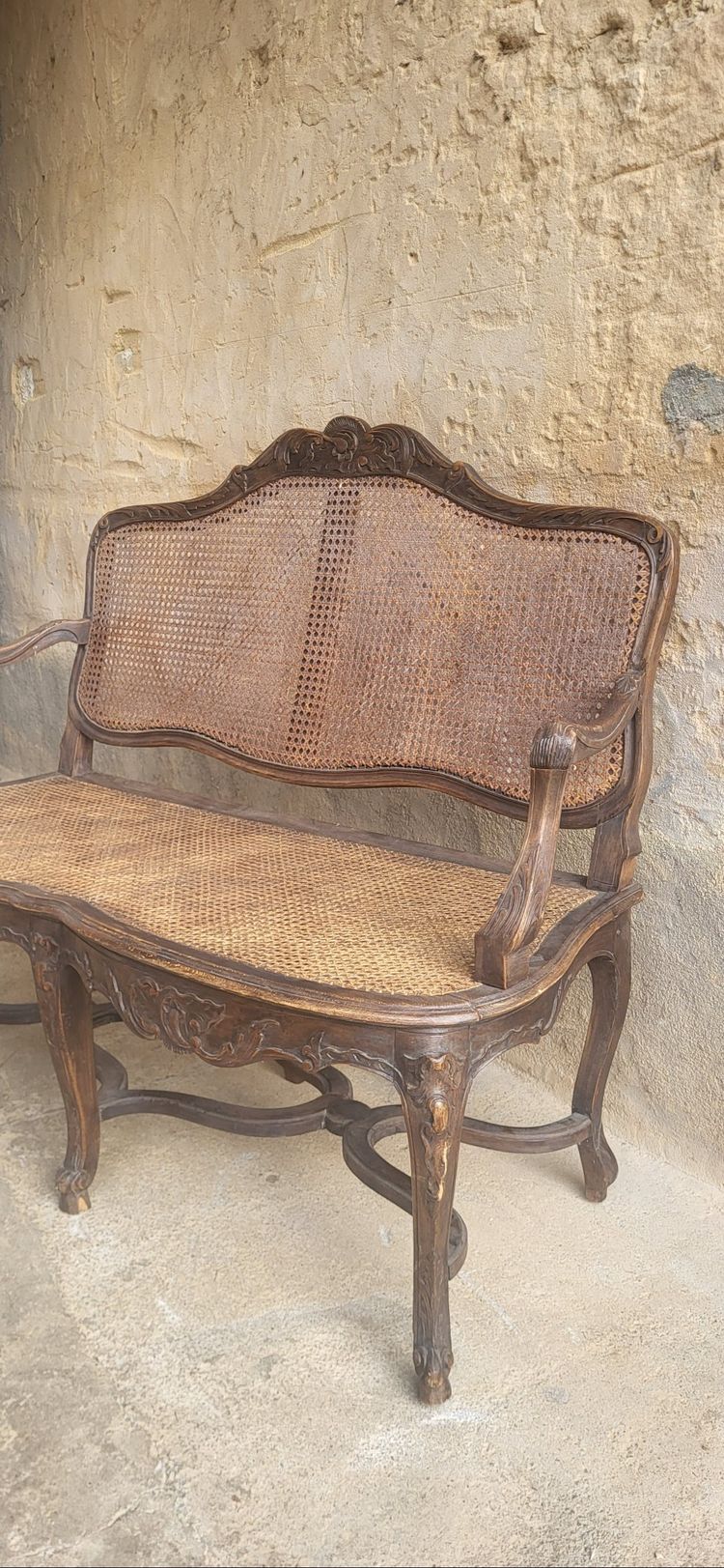Louis XV rattan cane bench, 19th century