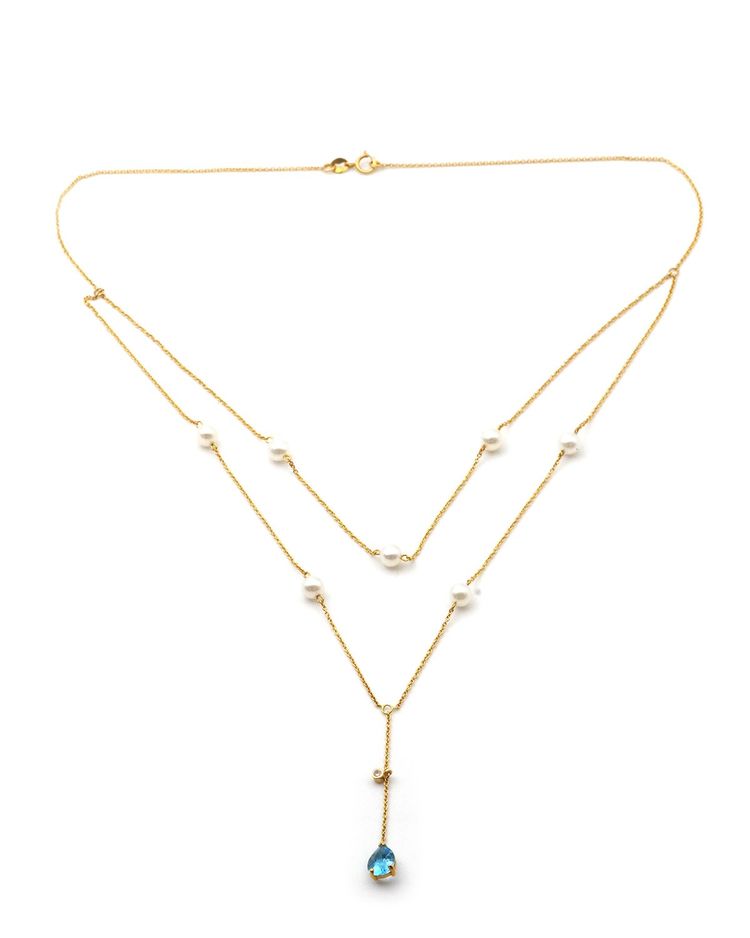 Vintage topaz and pearl drapery long 18k necklace, Vintage drapery necklace, blue topaz