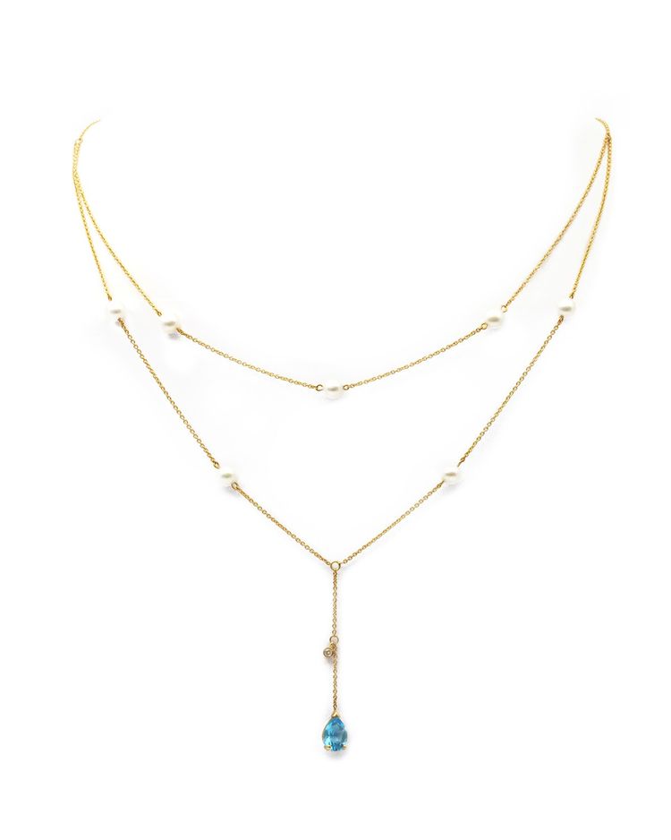 Vintage topaz and pearl drapery long 18k necklace, Vintage drapery necklace, blue topaz