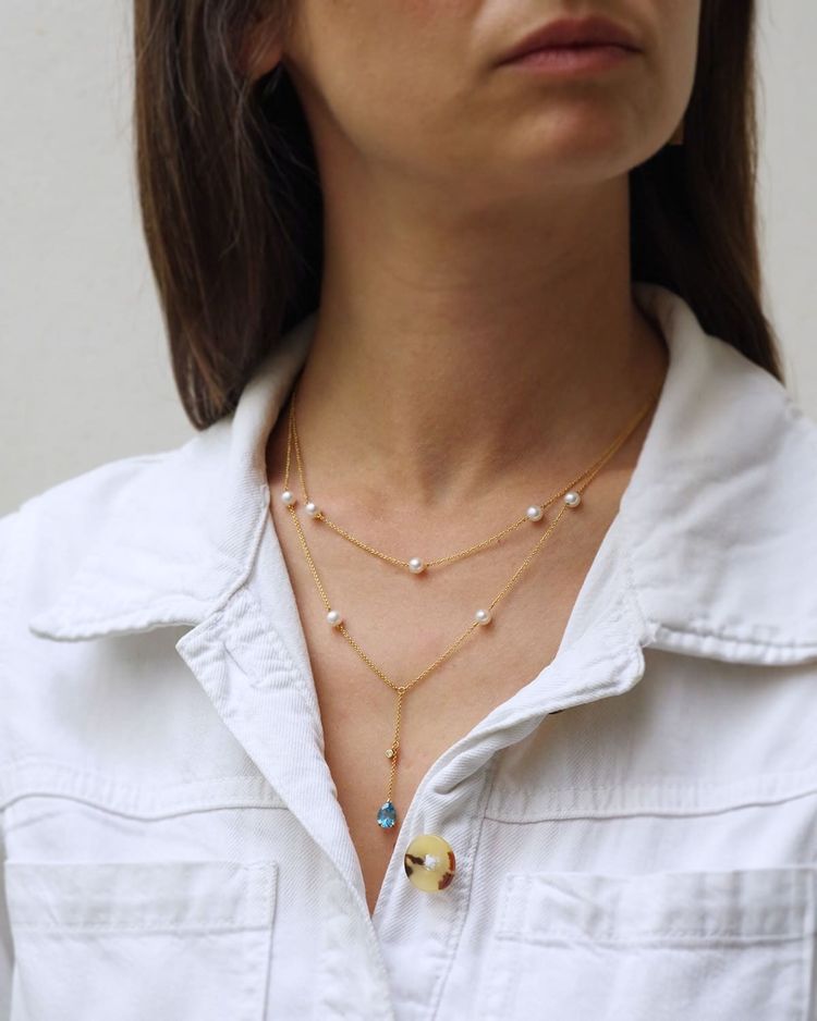 Vintage topaz and pearl drapery long 18k necklace, Vintage drapery necklace, blue topaz