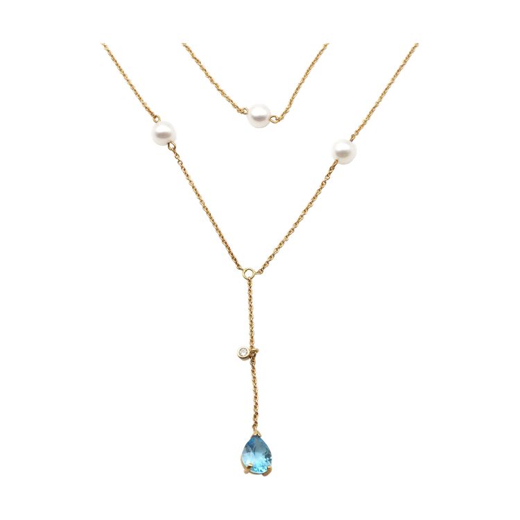 Vintage topaz and pearl drapery long 18k necklace, Vintage drapery necklace, blue topaz