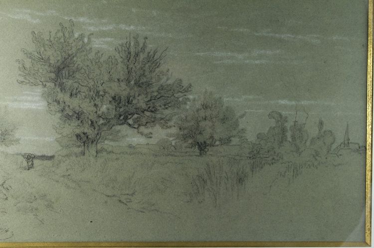 Disegno a carboncino "Paesaggio di Fontainebleau" Alexandre René-Louis Véron (1826-1897)