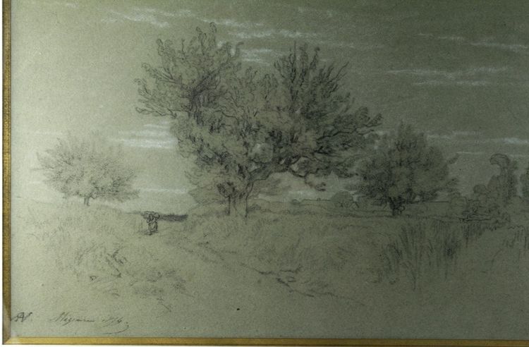 Disegno a carboncino "Paesaggio di Fontainebleau" Alexandre René-Louis Véron (1826-1897)