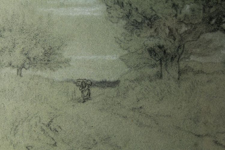 Disegno a carboncino "Paesaggio di Fontainebleau" Alexandre René-Louis Véron (1826-1897)