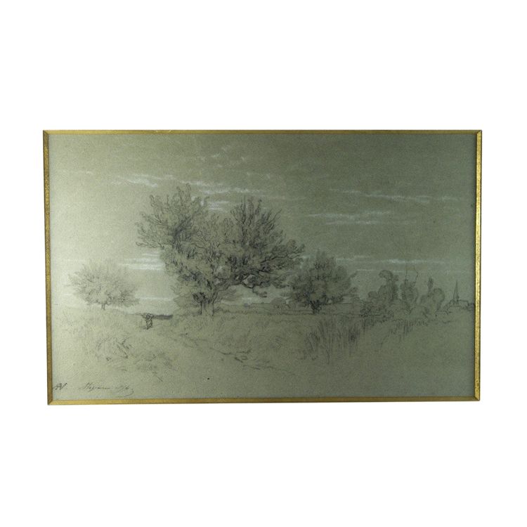 Disegno a carboncino "Paesaggio di Fontainebleau" Alexandre René-Louis Véron (1826-1897)