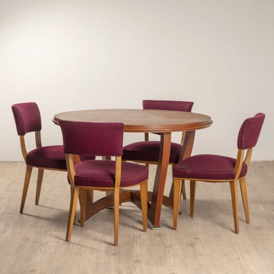 Sedie Art Deco in seta viola di Jules Leleu, set di 4
