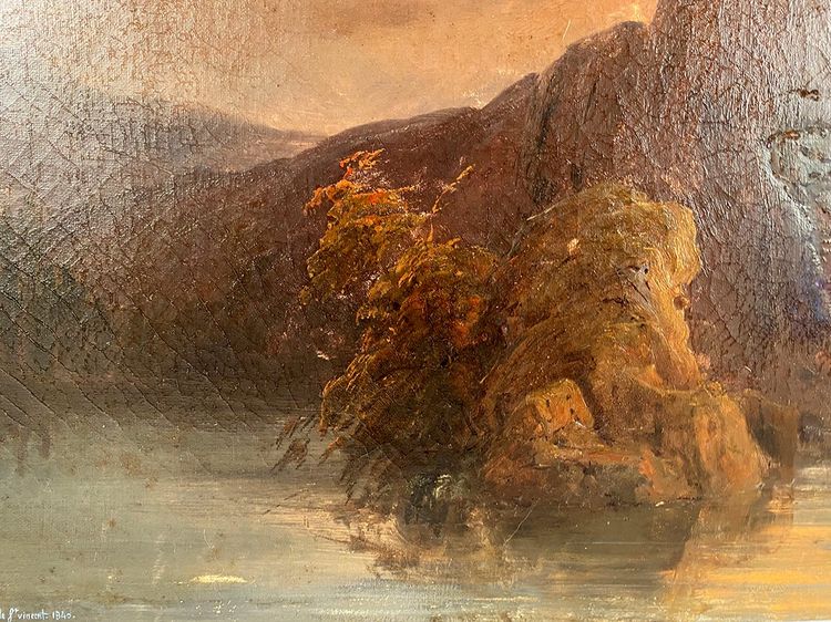 “Paesaggio al crepuscolo”, olio su tela firmato A. de St Vincent e datato 1840