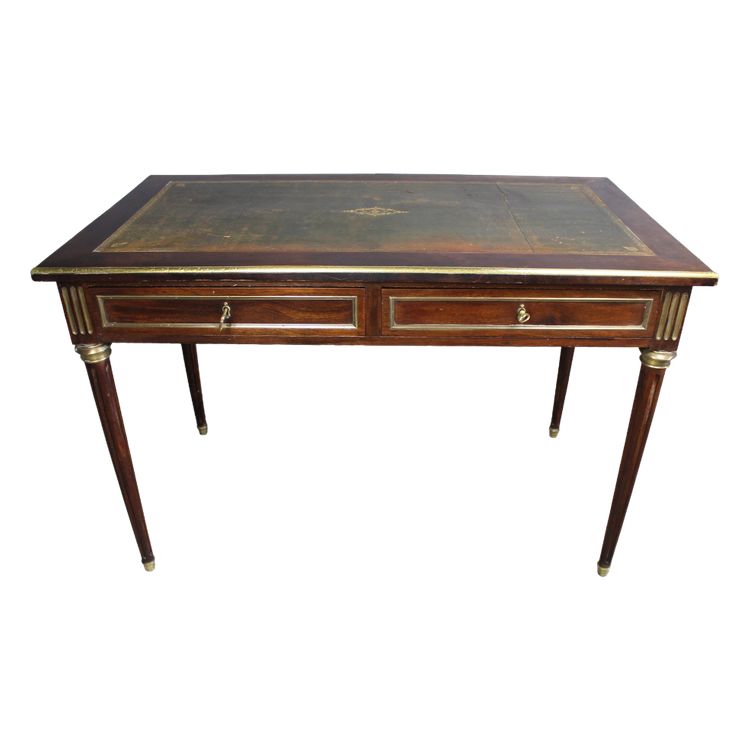 Bureau plat de style Louis XVI en acajou époque fin 19ème avec dessus cuir et 2 tiroirs 