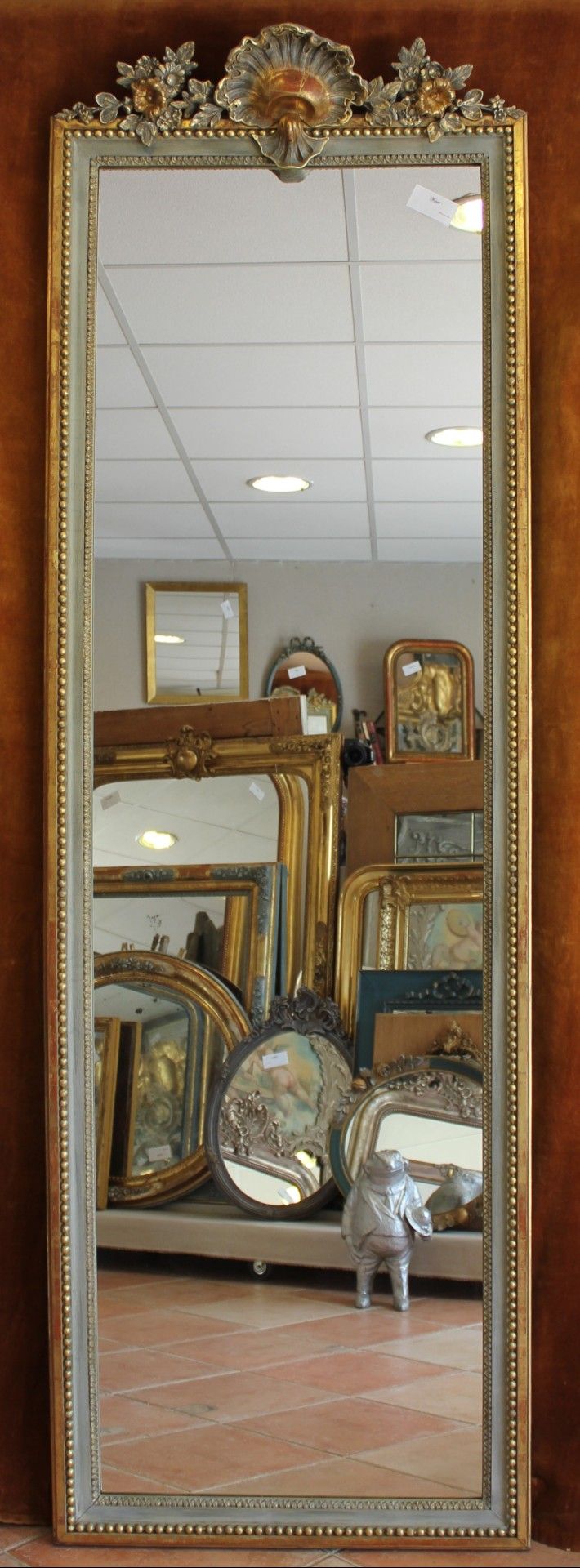 71 X 221 cm, Très grand miroir étroit d'entre-deux XIXème