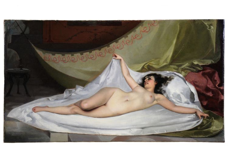 Dipinto ad olio spagnolo su tela, nudo sdraiato, XIX secolo, attr. di Luis R Falero